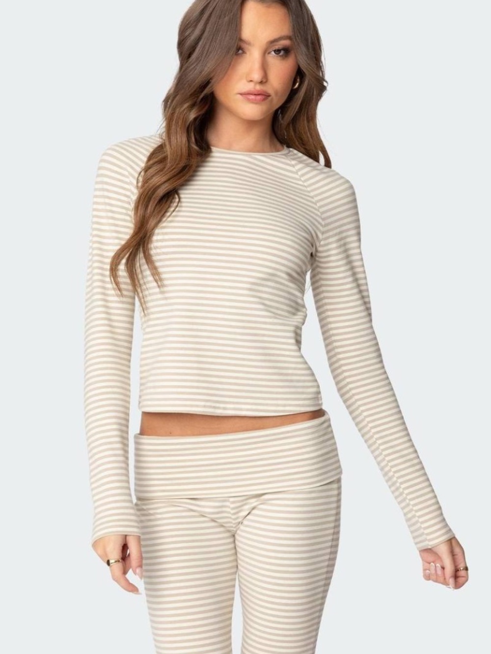 Edikted Beige and White Striped Long Sleeve Tee